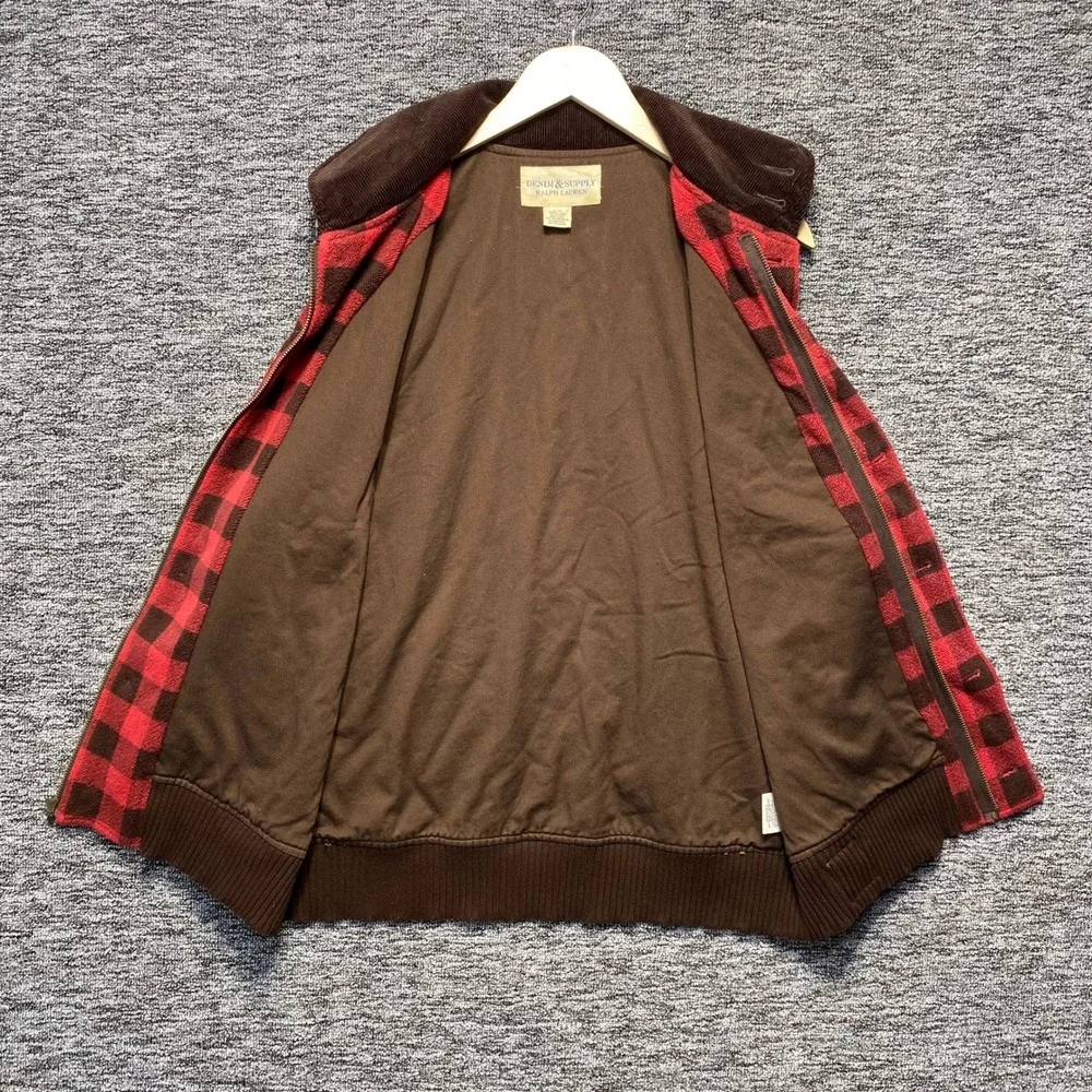 Denim Supply Ralph Lauren Plaid Quilted Vest Mens XL Red Black Buffalo Corduroy